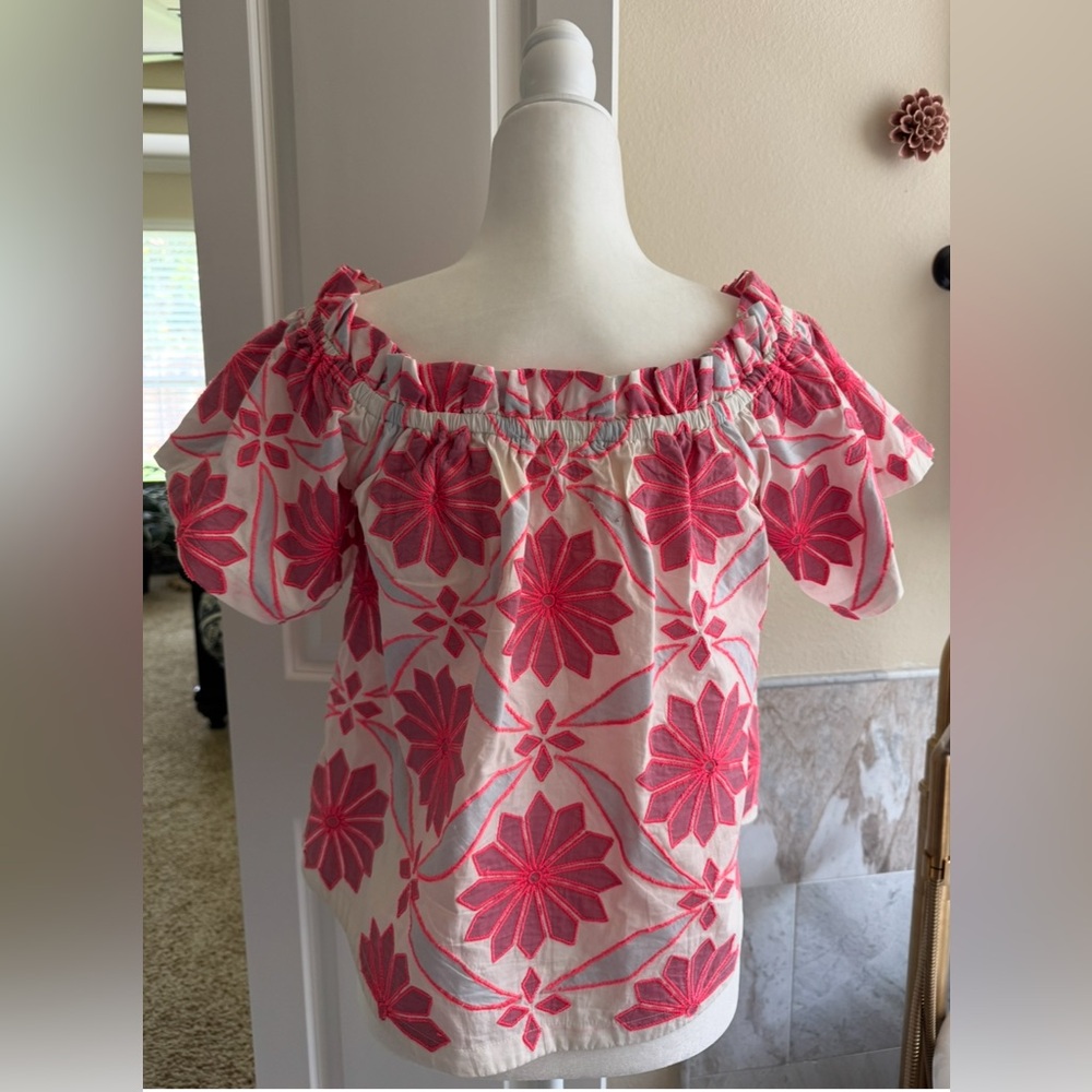 Anthropologie Maeve Neon Pink & White Embroidered Off the Shoulder Top - Picture 5 of 8